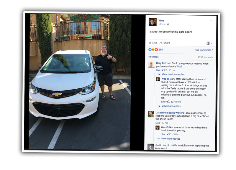 Illustration for article titled Apple Co-Founder Steve Wozniak Is Talking About Trading His Tesla For A Chevy Bolt